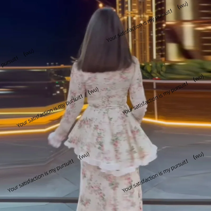 

Новый женский темпераментный элегантный комплект с тонкой юбкой с рюшами и цветочным принтом