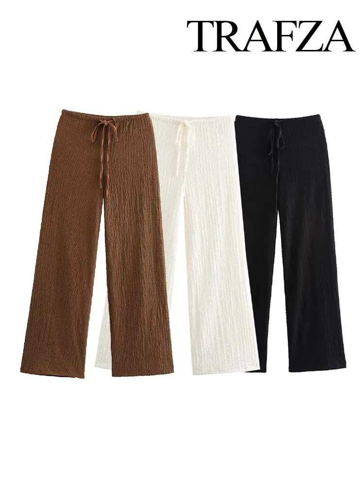 TRAFZA Women Solid Color Texture High-Waisted Straight Long Pant Woman New Fashion Drawstring Design Casual Wide Leg Pants Mujer