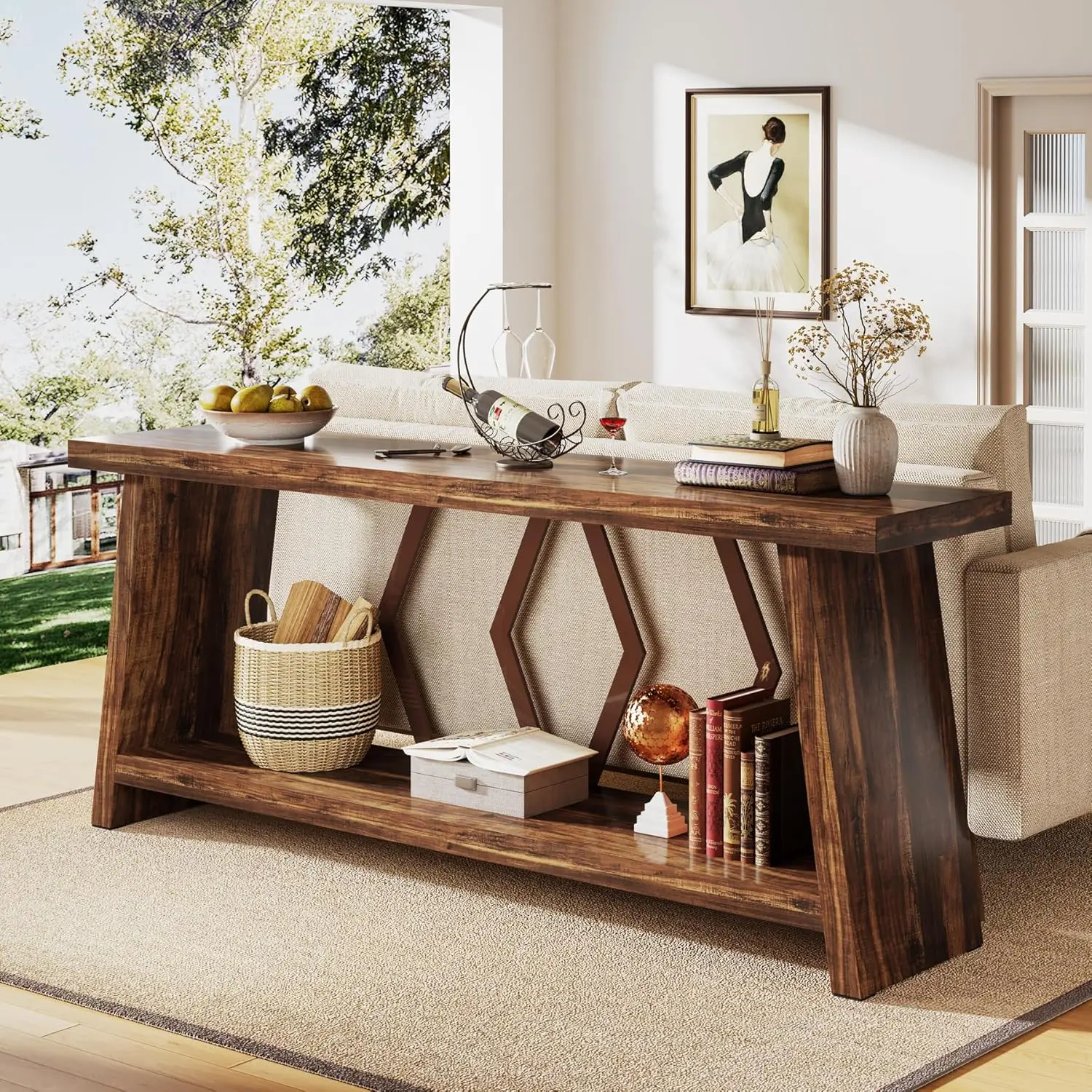 Mesa de entrada de sofá largo y estrecho industrial con almacenamiento, mesa decorativa de vestíbulo de sofá de madera de 2 niveles para sala de estar, pasillo