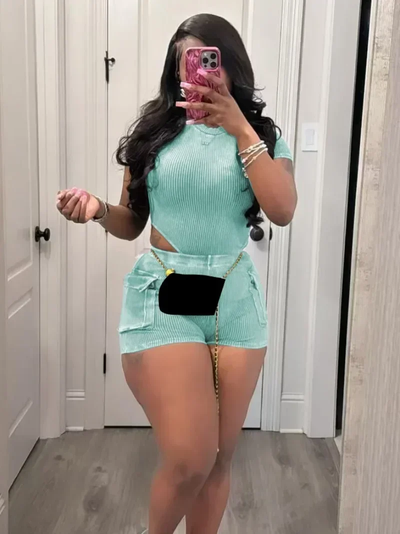 

GUWU Active Wear Tracksuits Set Casual Women Two Piece Outfits Knit Sporty Bodysuit Top and Shorts Set with Pockets Workout Sets