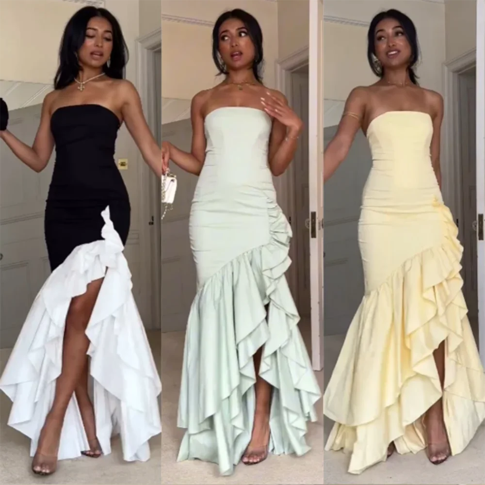 

Pretty Red Black Green Yellow Women Prom Dresses Strapless Sleeveless Floor Length Side Split Sweet Simple Evening Party Gowns