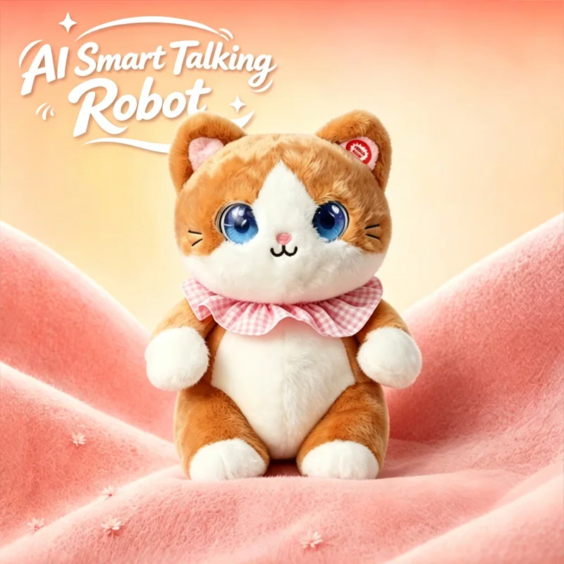 Orange White Cat AI Plush Toy with Pink Bow Tie Smart Voice Interactive Robot Storytelling Early Education Emotional Soothing Ki