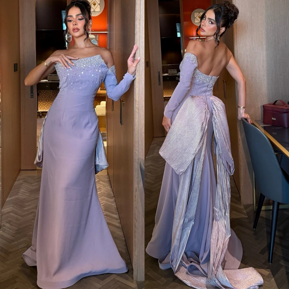

Customized Modern Strapless Evening Dress Exquisite Jersey Crystal Prom Dresses Delicate Sweep Train Special Occasion Gowns