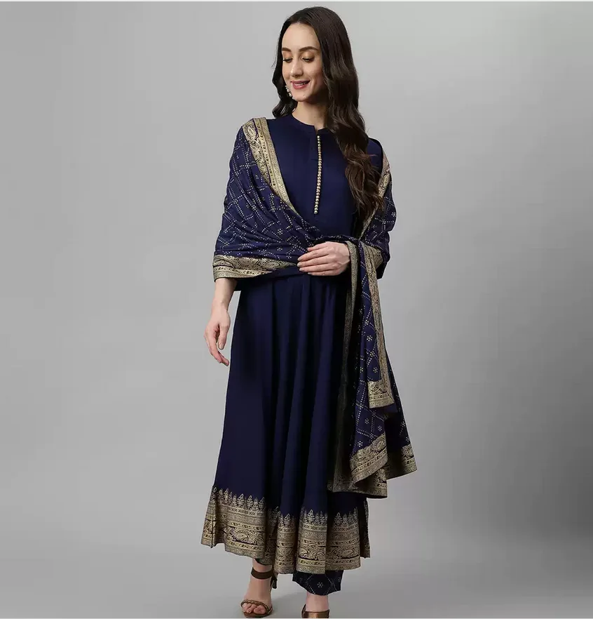 

Indian ethnic traditional spring/summer printed stand-up collar cotton-silk blend three-piece set