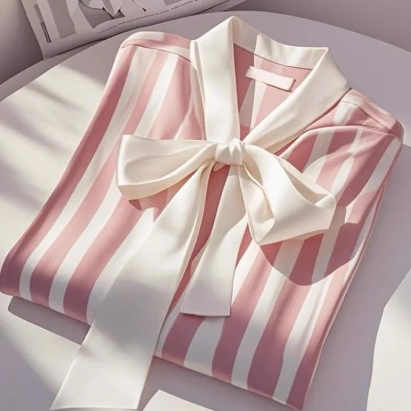 

Y2k Aesthetic Fashion Blue Stripe Shirt Women 2025 New Satin Bow Lace Up Blusas Mujer Summer Loose Long Sleeve Blouses