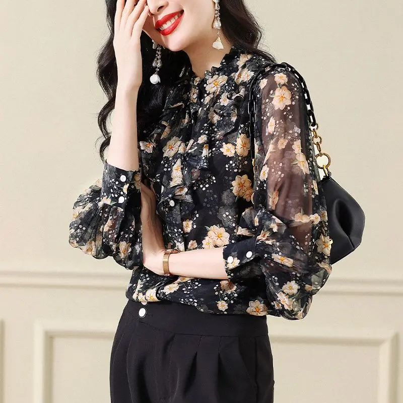 Blus motif bunga wanita modis musim panas musim semi blus wanita lengan panjang berkerut kerah tegak elegan kemeja sifon sambungan