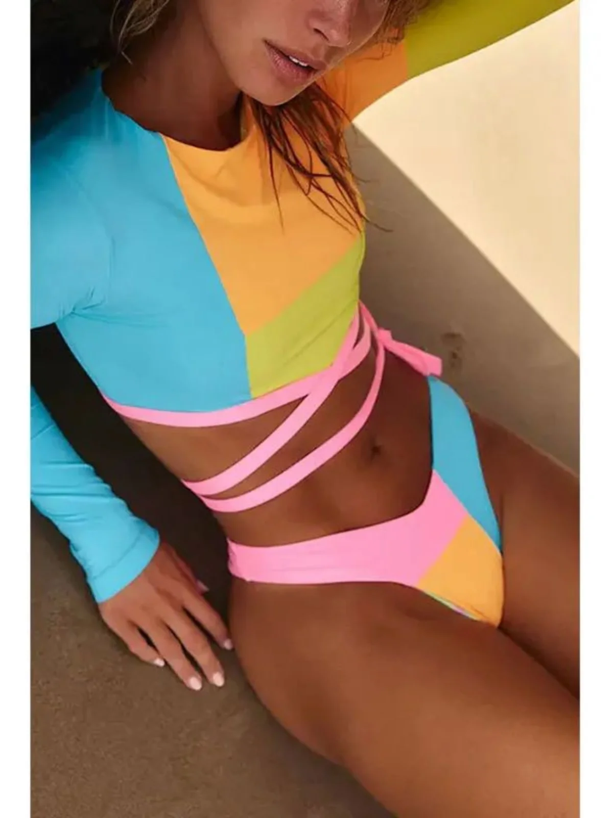 

Women's Color Block round Neck Long Sleeve Top Set Casual Sportswear Seven-Foot Length Polyester Fabric Two-Piece Suit