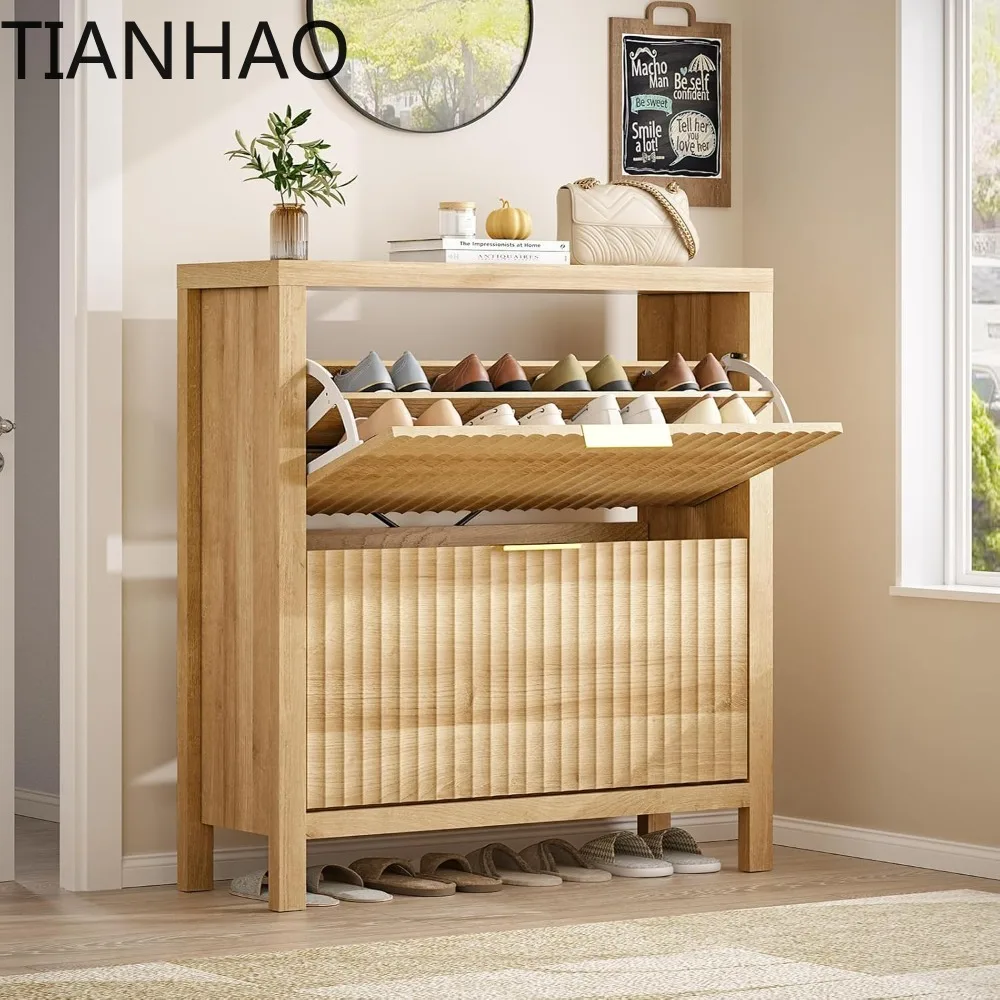 Shoe Cabinet Storage for Entryway, Fluted Shoes Cabinet with 2 Flip Drawers, Hidden Shoes Rack Tall Freestanding Shoes Organizer