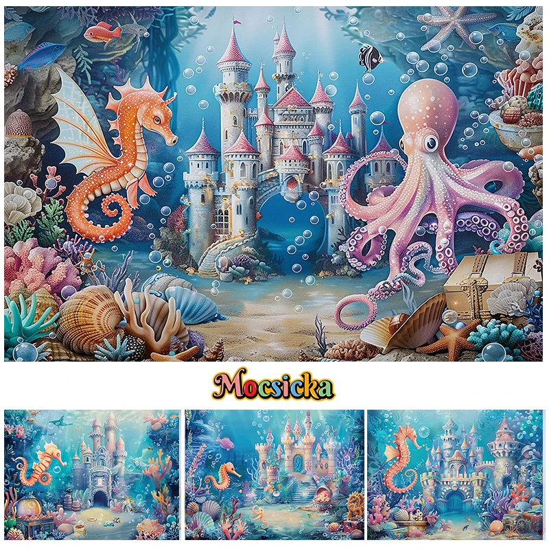 

Mocsicka Photography Background Summer Mermaid Ocean Castle Kids Birthday Party Cake Smash Decor Backdrop Photo Studio