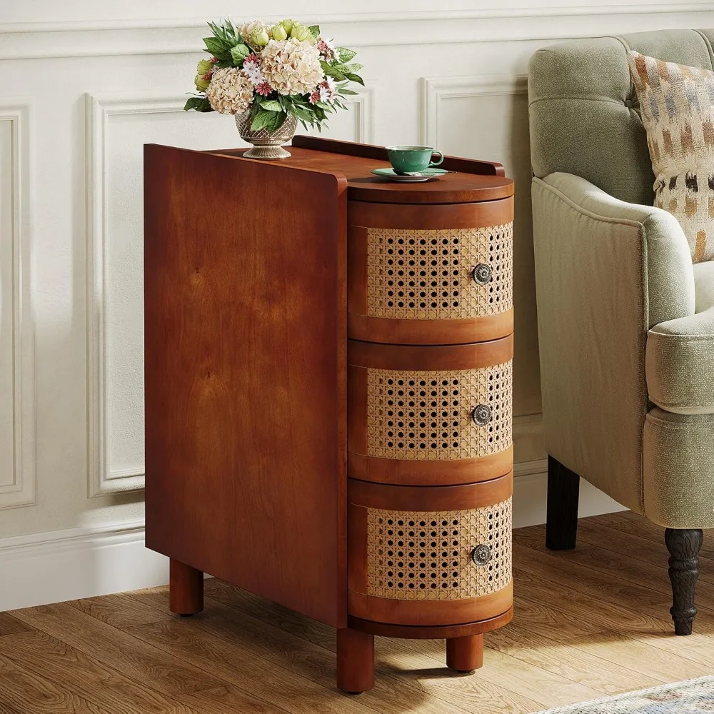 

Solid Wood End Table, 3-Drawer Rattan Side Table, Night Stand with 3 Rattan Drawers and Exquisite Embossed Handles fo