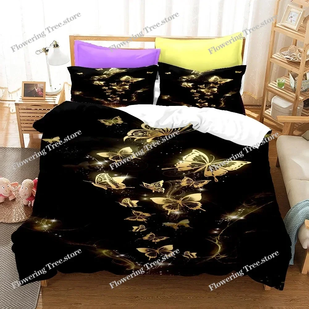 Golden Butterfly Pretty Blue Butterfly Bedding Set Boys Girls Twin Queen Size Duvet Cover Pillowcase Bed Kids Adult