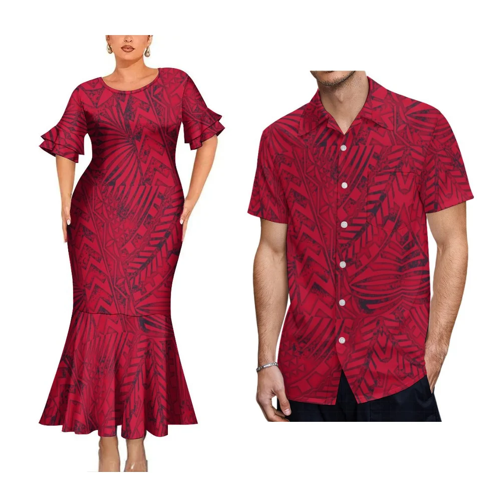 2025 High Quality Hawaiian Women'S Petal-Sleeve Dress Samoan Ethnic Evening Dress Polynesian Island Men'S Aloha Shirt
