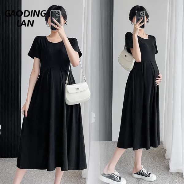 

GAODINGLAN Summer Large Size Pregnant Woman Short Sleeve Dress Round Neck Cotton Solid Loose Lactational Pleated Dresses Korean