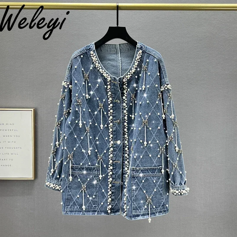 

Crystals Rhinestones Jean Coat Women's Autumn Clothing Heavy Beaded Diamond Denim Jacket Women's Loose Mid-length Denim Coats