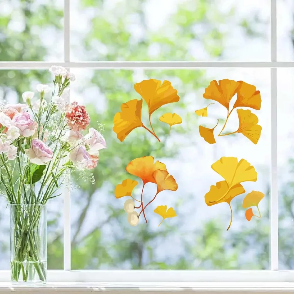 4 Styles Ginkgo Leaf Window Stickers Fall Leaves Static Sliding Door Glass Window Decals Decoration Double-Side Autumn Alert