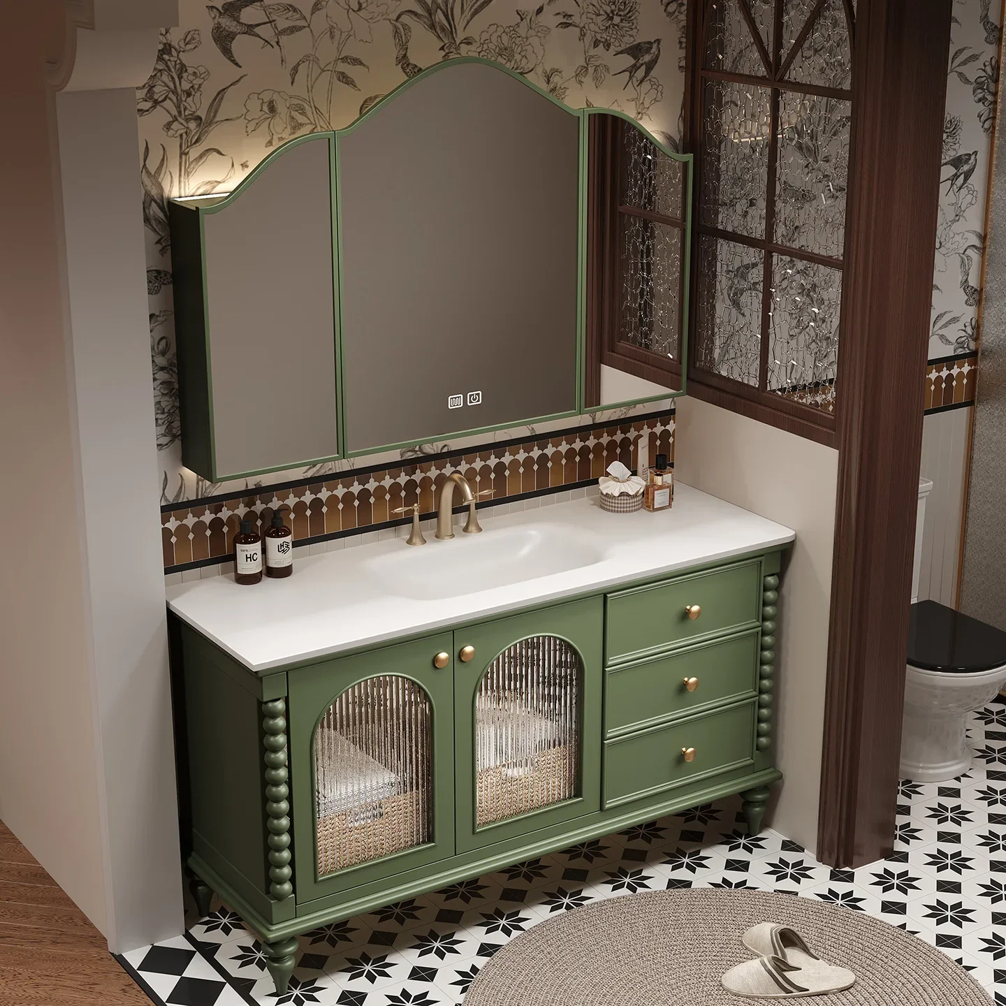 newFrench retro medieval style bathroom cabinet combination rock slab hot bending integrated washbasin toilet hand wash table