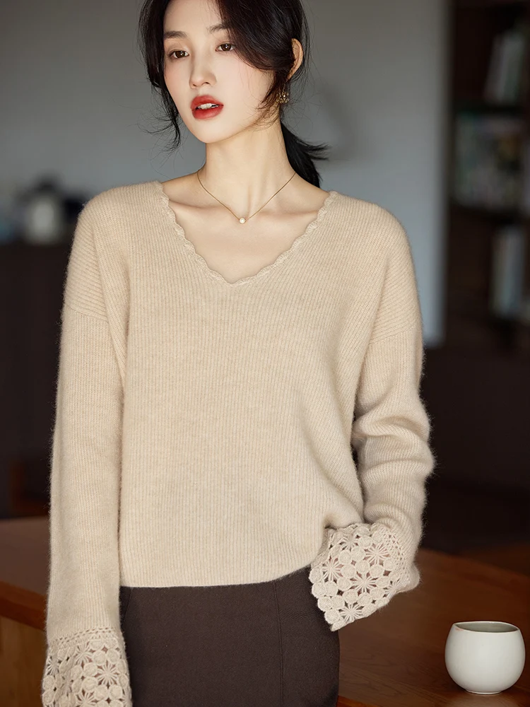 

Осень и зима, новый свитер из 100% шерсти и кашемира, женский свободный вязаный пуловер с v-образным вырезом в Корейском стиле, однотонный кружевной топ