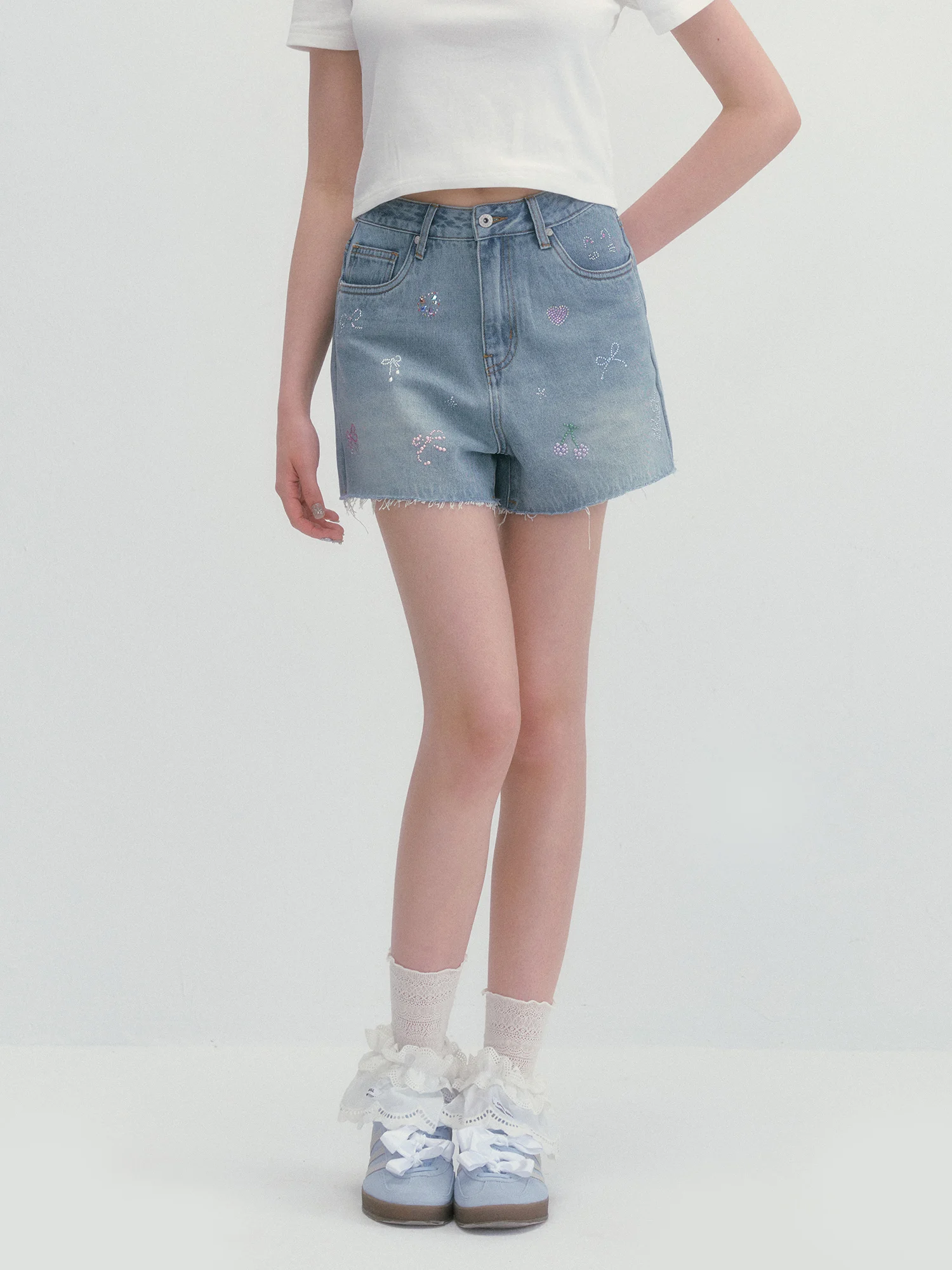  Rhinestone High Waist Denim Shorts Women's Asymmetrical Hem Design Versatile Slimming Wide Leg Pants Casual Style