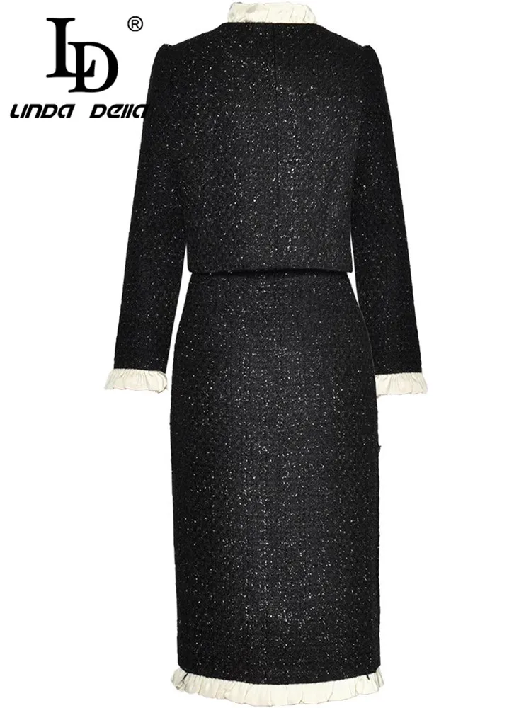 LD LINDA DELLA Autumn Winter Women's Suit Embroidery Patch Designs Single-breasted Tops+ Side Split Slim Skirt Black 2 piece set