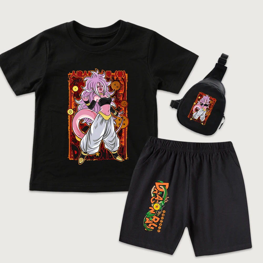 Dbz Majin Android 21 Anime Print Kids Boys Girls Cotton T Shirt Shorts Set Mini Chest Bag 3 Pieces Casual Summer Outfit