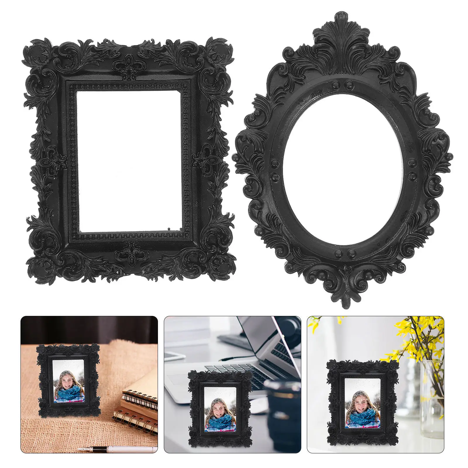 2 Pcs Oval Vintage Frame Mini Photo Decor Resin Frames Miniature Picture Ornaments Mini Vintage Frames Miniature Oval Decor