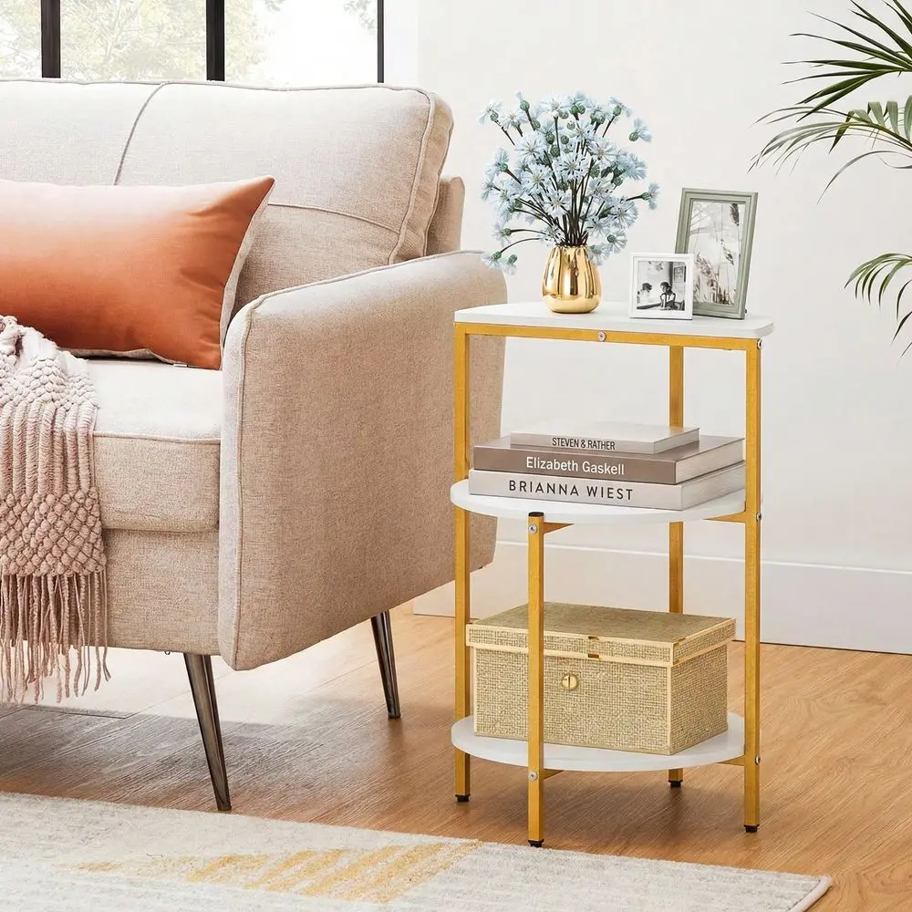 

Side Table Round End Table W Storage Shelves Metal Frame For Bedroom