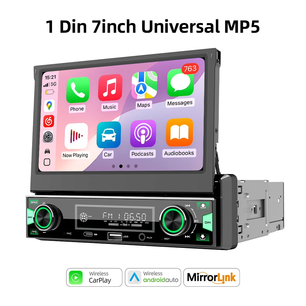 1DIN 7 inch MP5 autoradio speler FM AM RDS automatisch intrekbaar IPS touchscreen draadloze CarPlay Android Auto autoradio GPS