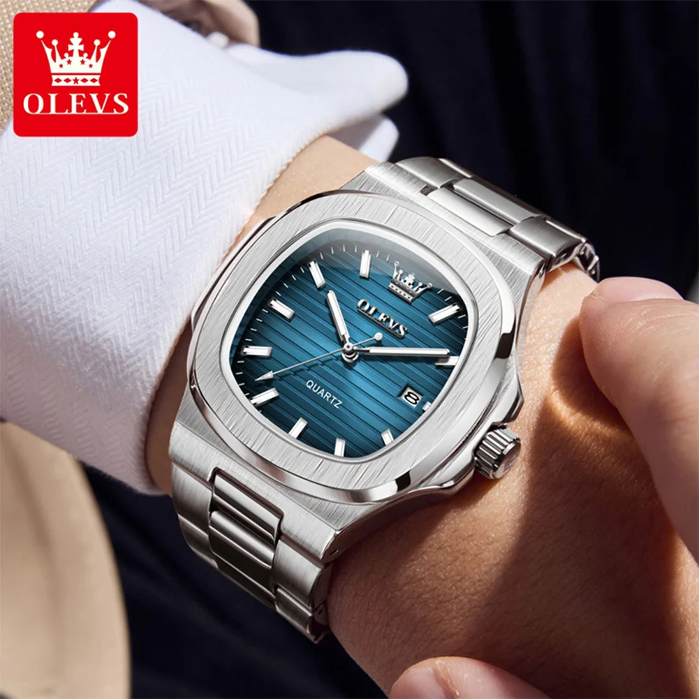OLEVS Original Square Watch For Men Stainless Steel Quartz Movement WristWatch Large Face Casual Classic Watch Waterproof 3696