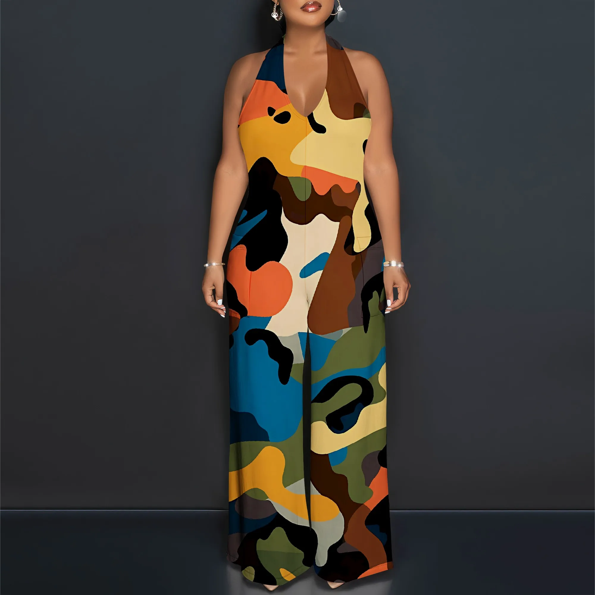 

Nupusa Camo Print Jumpsuit for Women Regular Size Summer Casual Halter Neck Wide Leg Jumpsuit