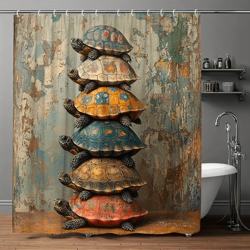 Giant Stacked Turtle Shower Curtain Bathroom Decor Tropical Nature Art Print Waterproof Shower Curtain Liner