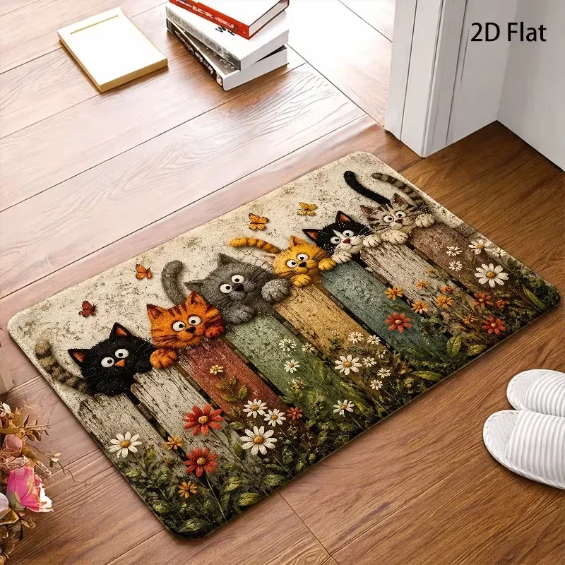 VIKAMA Pet Cat Lover Doormat Colorful Kittens With Wildflower Print Absorbent Non‑Slip Mat For Front Door Bedroom Home Decor