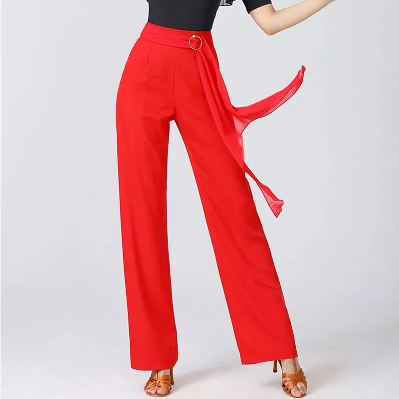 

Modern Wide Leg Women's Latin Dance Pants with Ribbons for Tango Salsa Ballroom Practice and Stage Performance