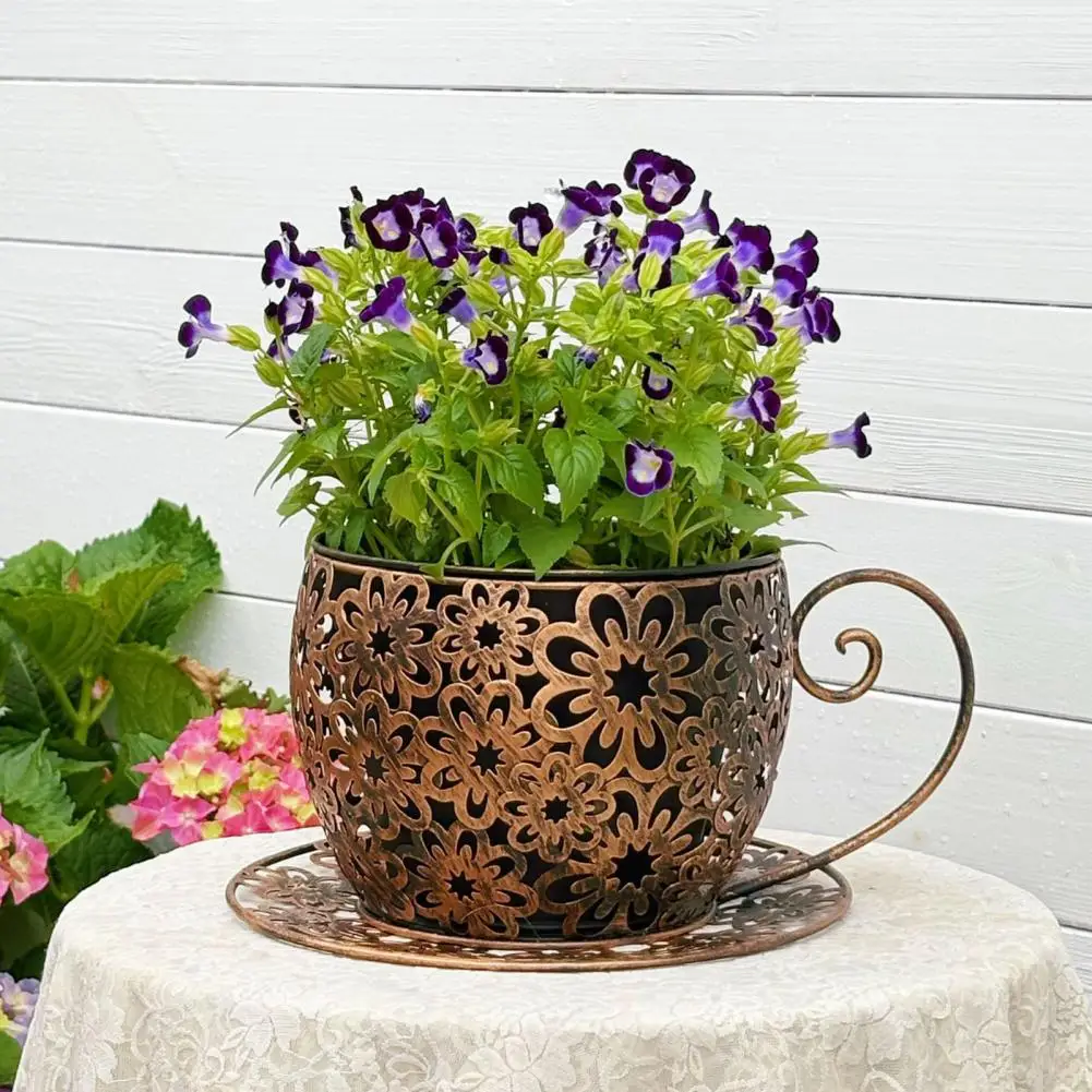 Vintage Iron Flowerpot Metal Planter Vintage Teacup Planter with Iron Floral Cutout Decorative Flowerpot for Succulents Herbs