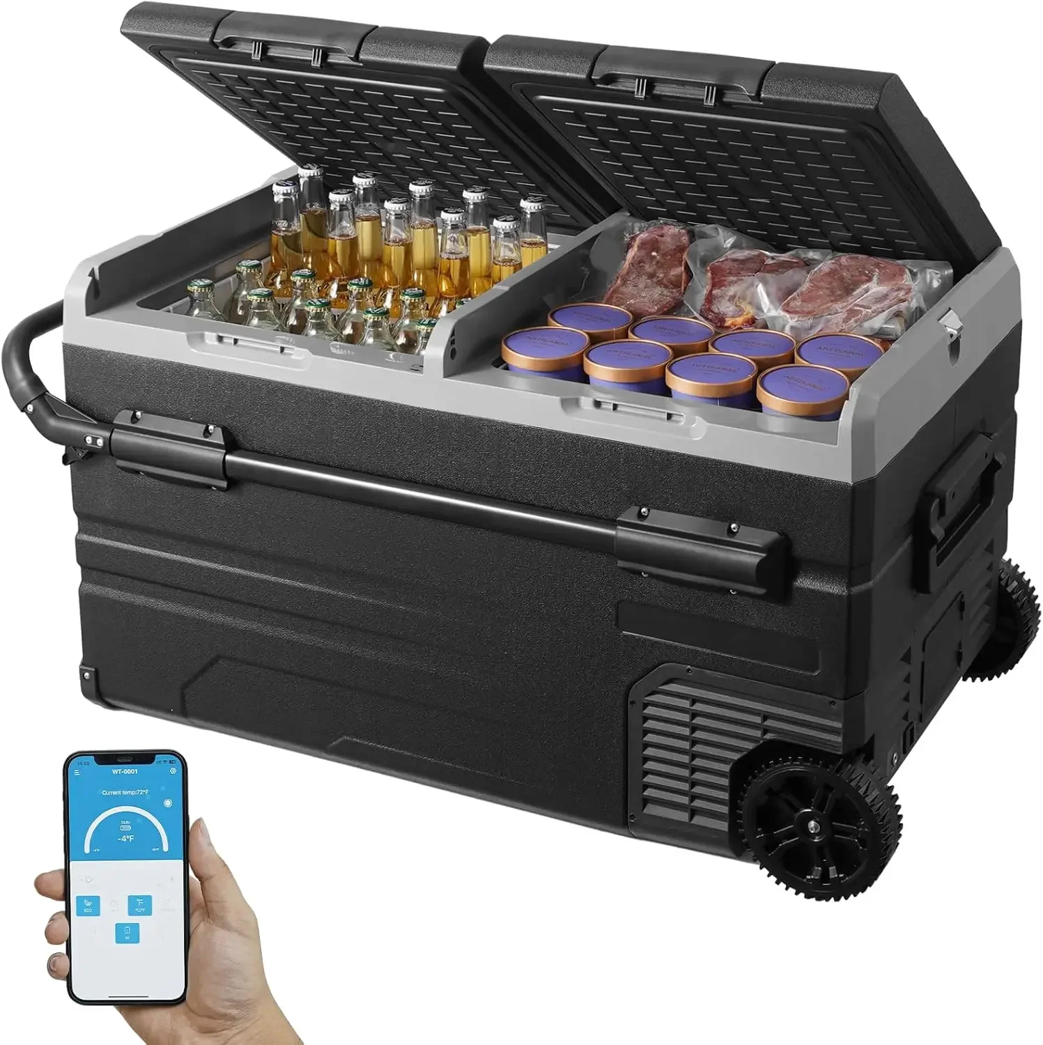 Car Refrigerator 115L Dual Zone Portable Freezer with Wheels Handle 4 to 68 12 24V DC 100 240V AC Compressor Cooler