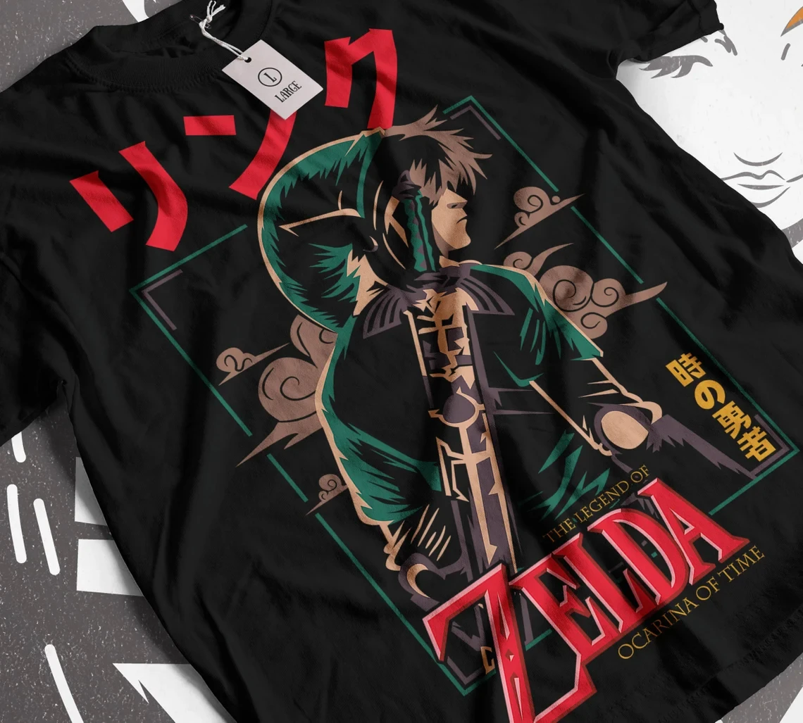 The Legend of Zelda Ocarina of Time Link Japanese Kanji Graphic T Shirt Retro Anime Tee Men Women and Kids Gaming Streetwear