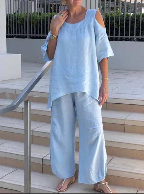 

Cotton Blend Square Collar T-shirts Long Trouser Casual Summer Women Set Loose Oversize Short Sleeve Tees + Wide Leg Pant Sets