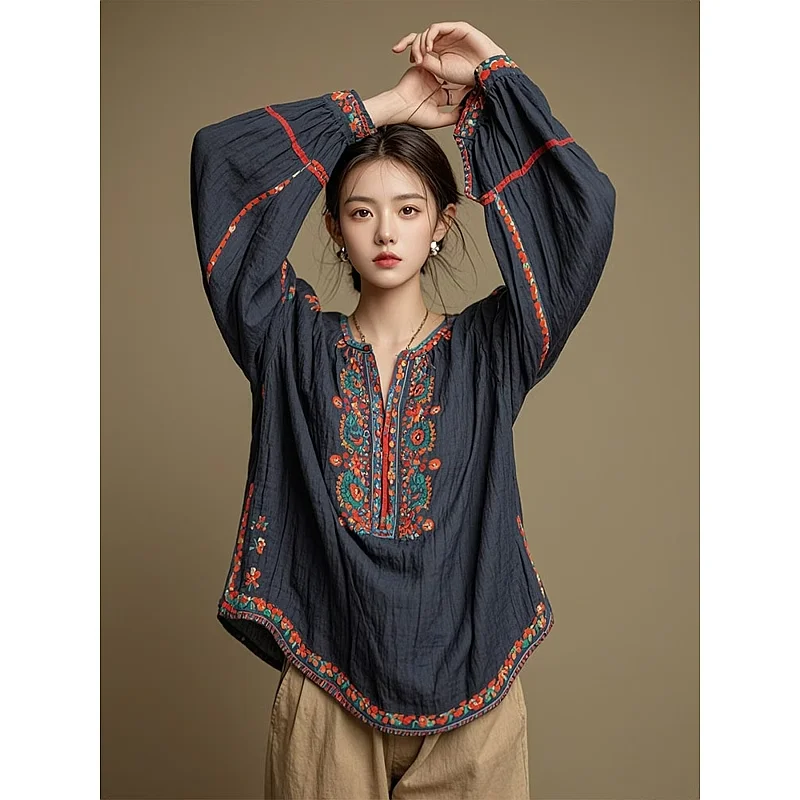 

Женский модный топ из хлопка и льна с цветочным принтом Ele Blue, красивый китайский свободный крой, длинный све круговой топ...