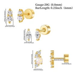 2/6Pcs 20G 18K Golden Plated Tiny Cubic Zerconia Opal Flat Back Stud Ear,Hypoallergenic Cartilage Tragus Helix Earring