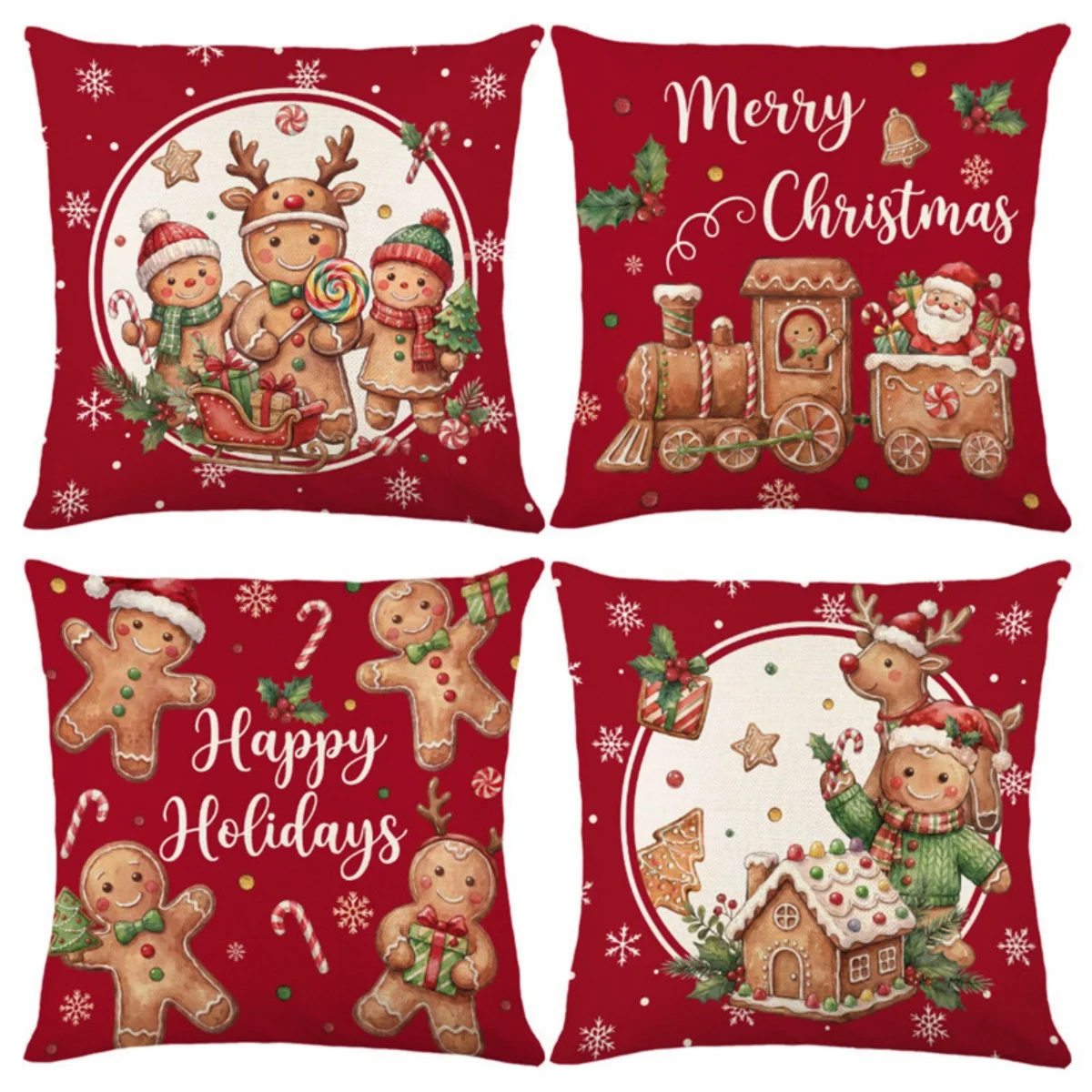 Cute Gingerbread Man Train Christmas Print Pillow Covers Set of 4, Winter Holiday Cushion Cases for Sofa Home Decor