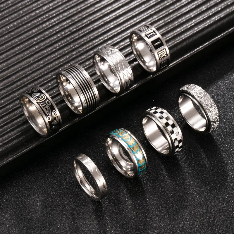 Retro Abstract Pattern Stainless Steel Men Band Ring, Black‑Silver Contrast Inlaid Wide‑face Ring, Business Finger Jewelry