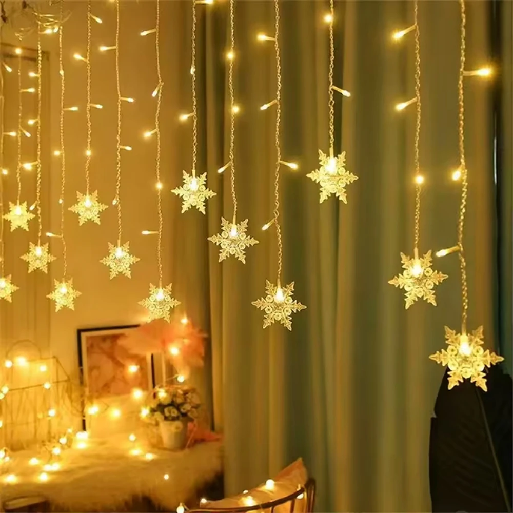 4M96LED 8-Modes USB Snowflake Curtain Fairy Lights,Warm Glow Christmas Decor with Remote Control, Indoor Window Home Lighting