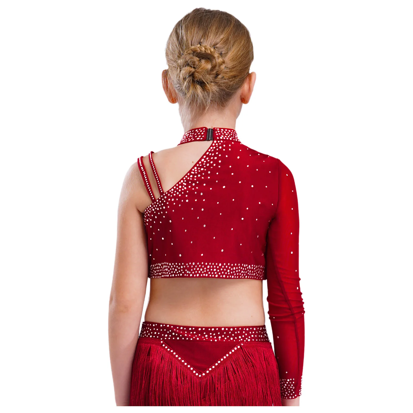 Kids Girls Sparkly Rhinestones Jazz Latin Dance Tops Unique Irregular Shoulder Crop Top Modern Ballet Stage Performance Costume