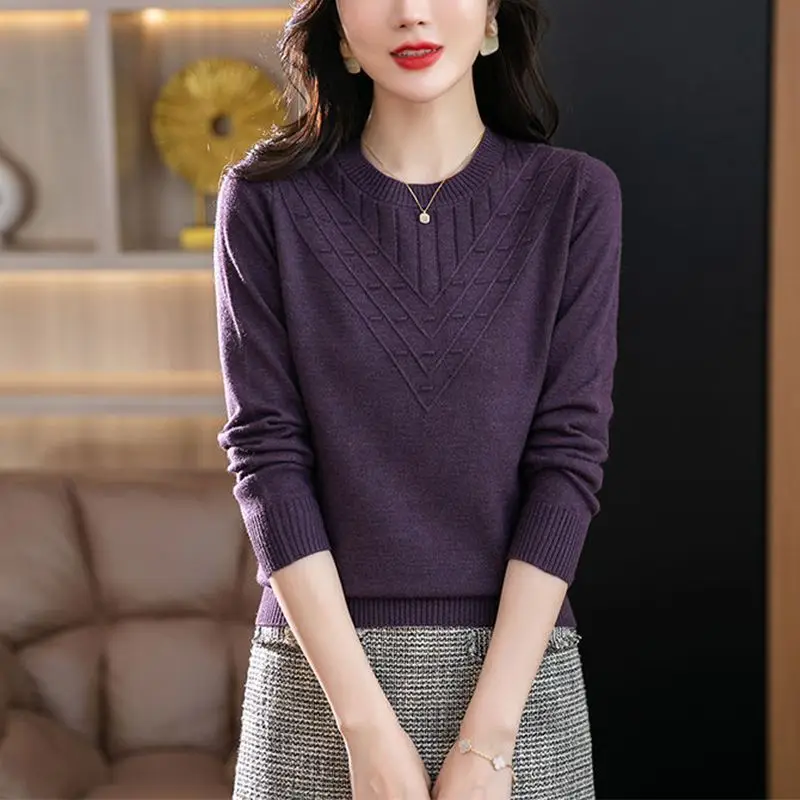 Round Neck Screw Thread Women\'s Clothing Autumn Winter Solid Color Pullover Sweater Knitted Elegant All-match Flattering Tops