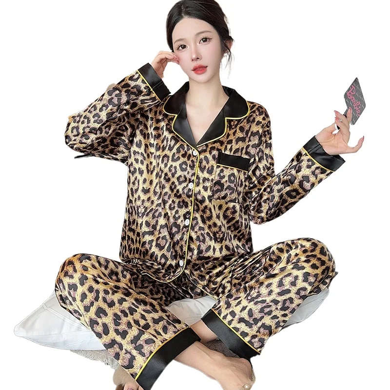 Silk Feel Ice Silk Women's Pajamas Spring  Summer 2026 Leopard Print New Models Smooth and Soft Student Loungewear Two-piece Set