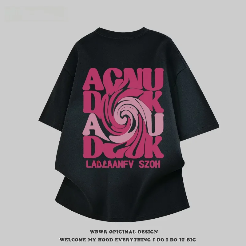 2026 American Style Creative Rotating Letter Print Short Sleeve Cotton T-Shirt Men's Summer Loose Versatile Heavyweight Pure
