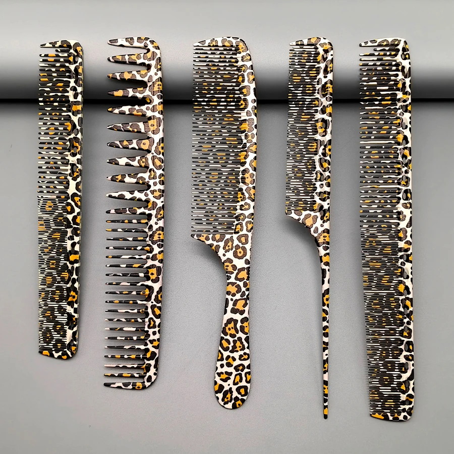 Leopard Print Comb Set of Five Pieces, Professional Salon Styling and Hair Cutting Combs, Essential Comb Set for Hairstylists, Includes Tail Comb, Texture Comb, Men's Hair Comb, Women's Hair Comb for Long and Short Hair, Hairdressing Tools