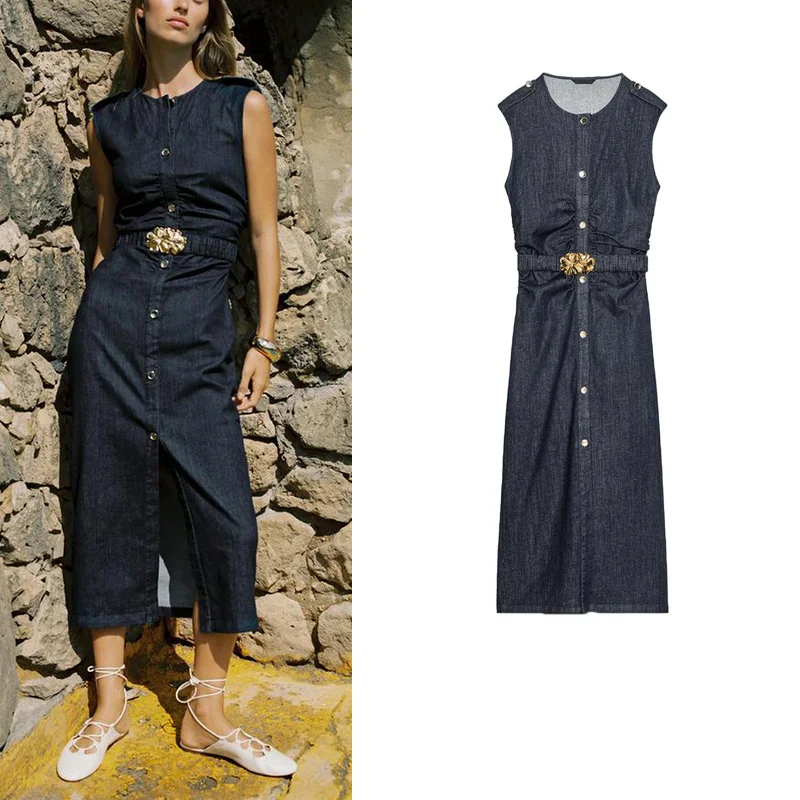 

Новинка лета: Простая джинсовая юбка миди с плиссировкой, поясом и круглым вырезом, в стиле ретро, с завышенной талией