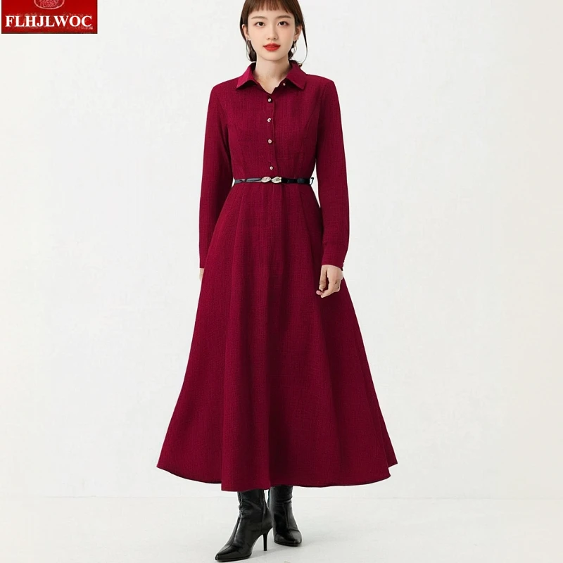 Cotton Linen Long Maxi Dresses Elegant Office Lady Women 2025 Autumn Long Sleeve Retro Vintage New Year Solid Red Shirt Dress