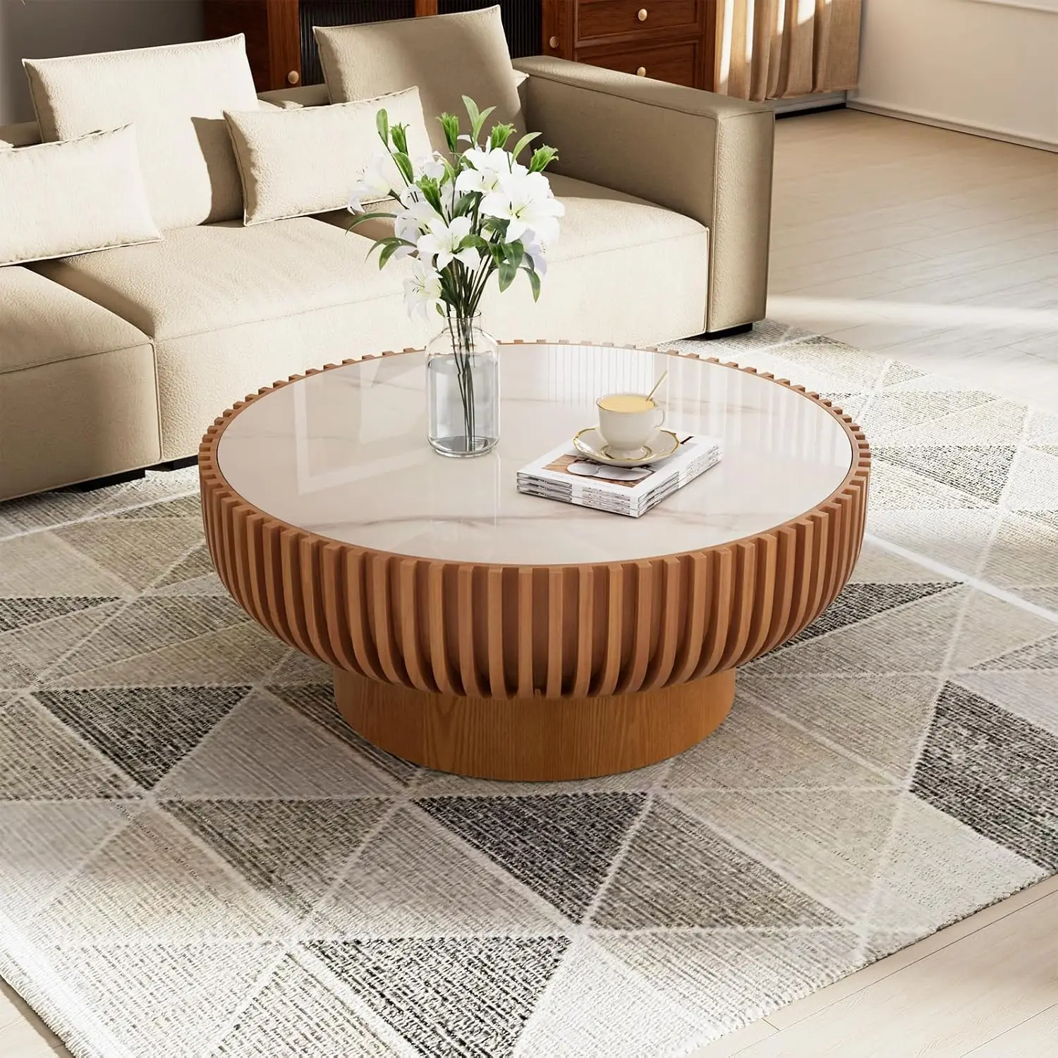 Brown Round Fluted Drum Coffee Table Wood Rock Slab Top Handcrafted Solid Edge Easy Assembly Living Room, Customized