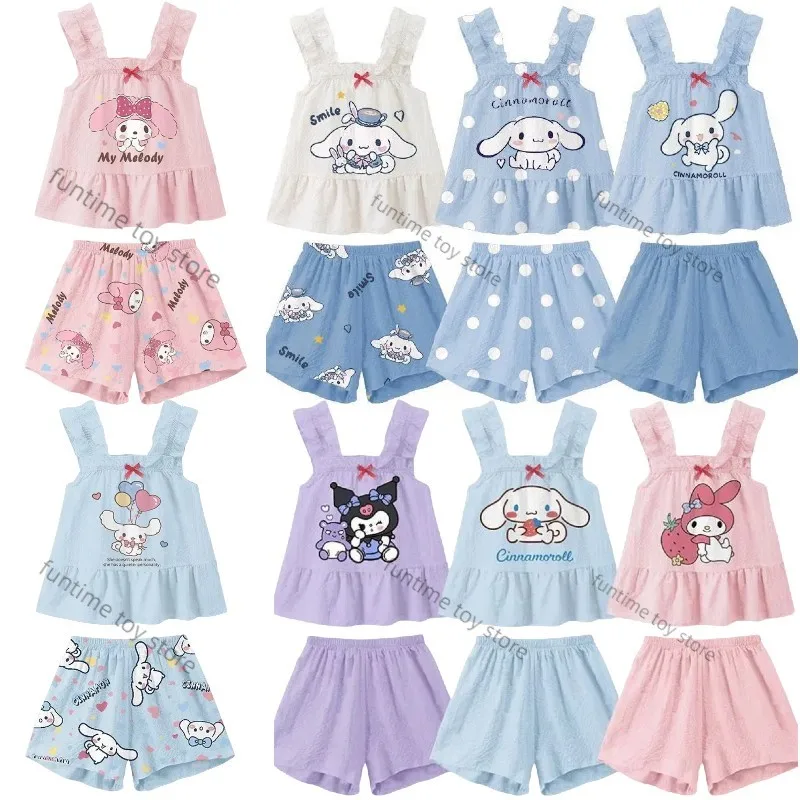 

Miniso Sanrio Cinnamoroll Bow Sleeveless Pajamas Suit Kawaii Kuromi My Melody Girls Casual Clothes Cartoon Cute Babys Top Shorts